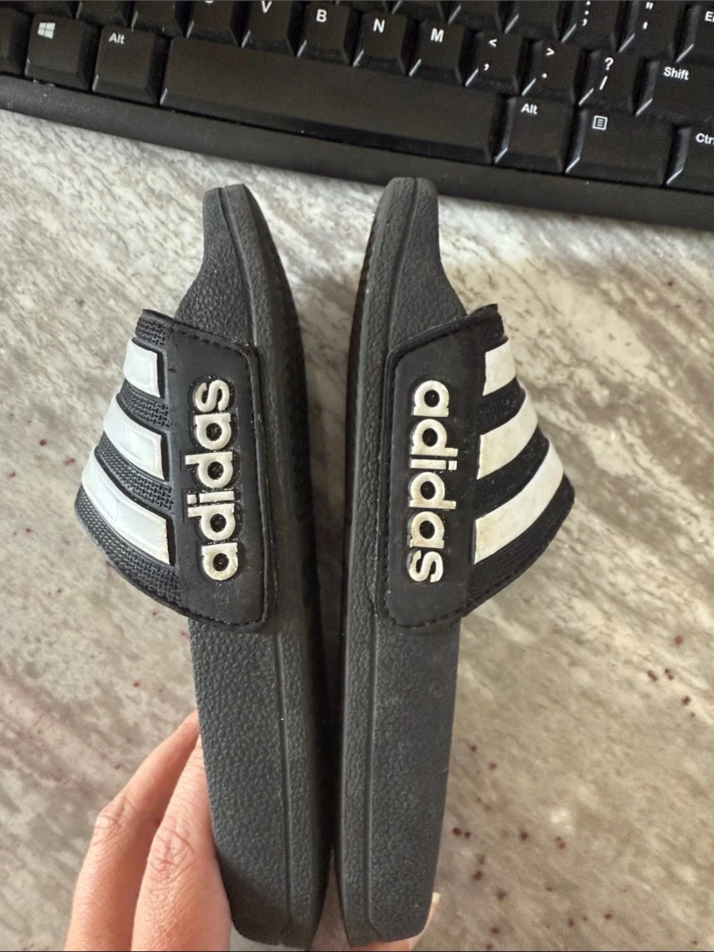 adidas Kids Black Slides with White Three-Stripe Strap